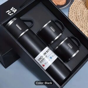 4-Piece Vacuum Insulated Bottle & Cup Set – 500ml Black Stainless Steel Gift Set